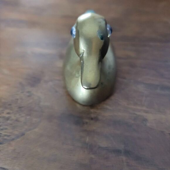 Vintage Solid Brass Duck Trinket with Blue Glass Eyes with Patina - Picture 3 of 6